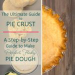 Vertical pin with stacked discs of pie dough, a close view of a baked golden crust on a wood surface, and bowls of flour and butter with text about a step-by-step pie crust guide.