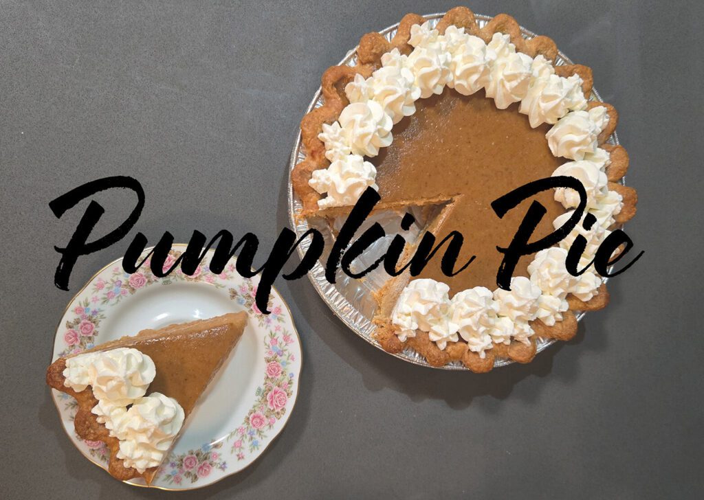 pumpkin pie recipe header image with slice of pumpkin pie