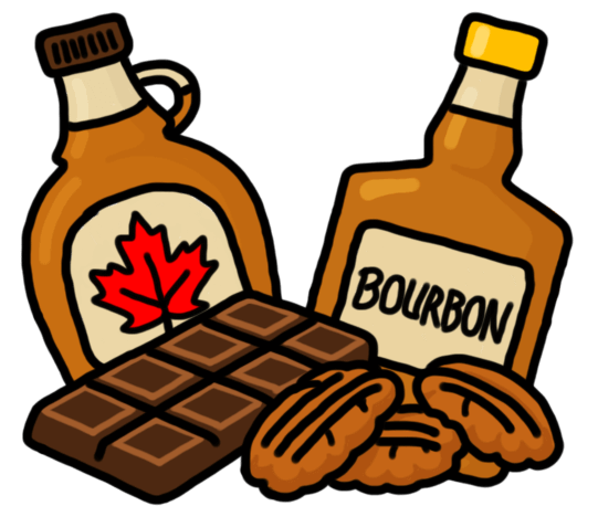 vector drawing of maple syrup, bourbon, chocolate, and pecans