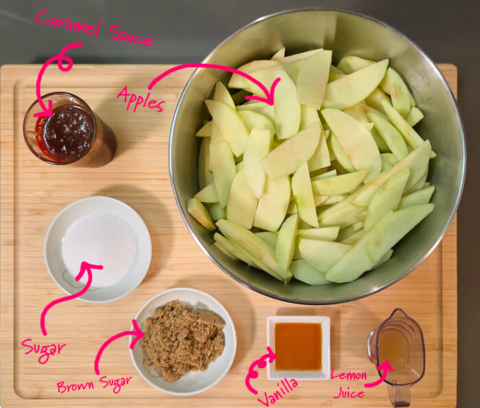 ingredients for caramel apple pie, caramel sauce, apples, sugar, brown sugar, vanilla, and lemon juice with text overlay