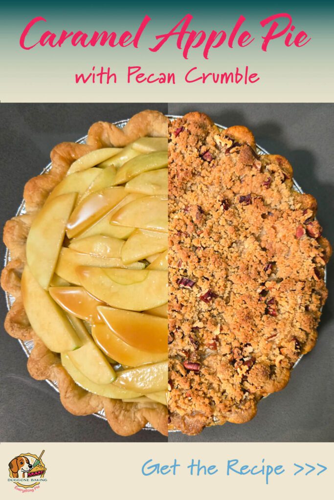 pinterest pin for caramel apple pie recipe showing half a baked pie and half an unbaked pie with no crumble topping but a caramel apple filling