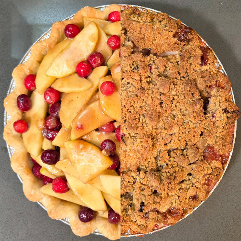 a photo showing half of an untopped cranberry apple pie with cranberry apple filling in a pie shell, and half of a baked pie with crumble topping