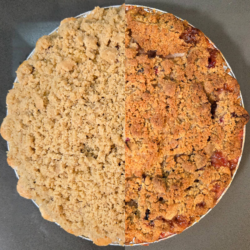 a photo showing half of a crumble topped pie and half of a baked cranberry apple pie