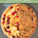 Side-by-side image showing unbaked cranberry apple filling and fully baked crumble-topped pie.