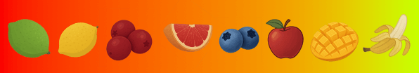 drawing showing acidity of different fruits relative to each other: limes, lemons, cranberries, grapefruit, blueberries, apples, mangoes, and bananas