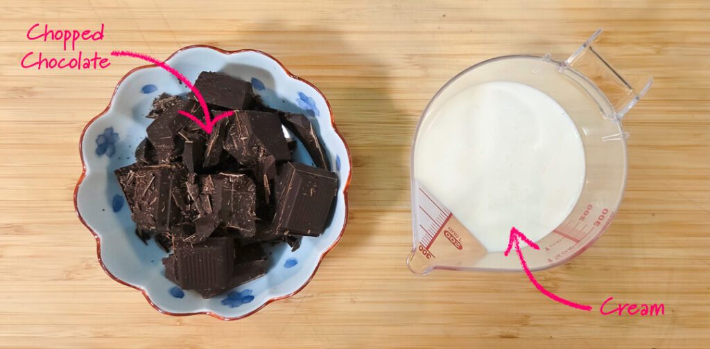 ingredients for chocolate ganache: chopped chocolate and cream