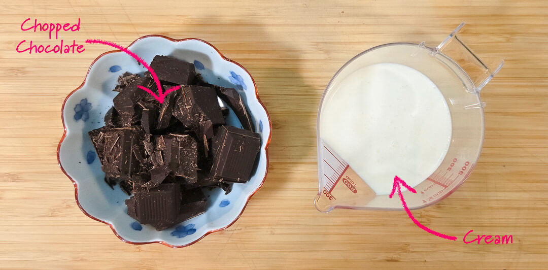 ingredients for chocolate ganache: chopped chocolate and cream