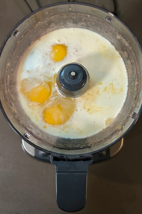 mixing marlborough pie custard filling in a food processor