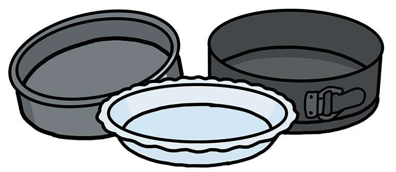digital drawing of a cake pan, glass pie plate, and springform pan