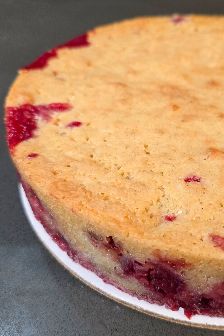 close up shot of a baked Nantucket cranberry pie (cranberry upside-down cake)