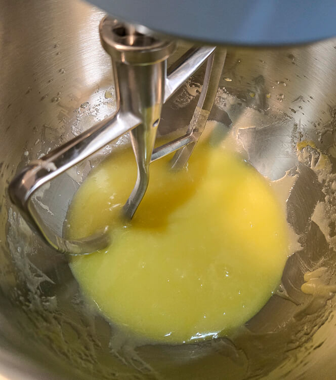 wet ingredients for cake in a stand mixer