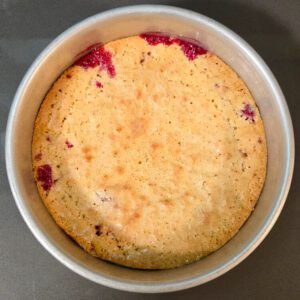 overhead shot of a freshly baked Nantucket cranberry pie still in the cake pan