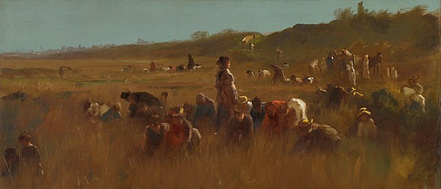 an oil painting of cranberry pickers in Nantucket