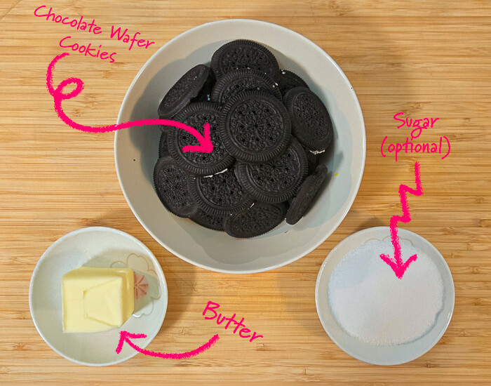Ingredients for an Oreo pie crust: chocolate wafer cookies, butter, optional sugar
