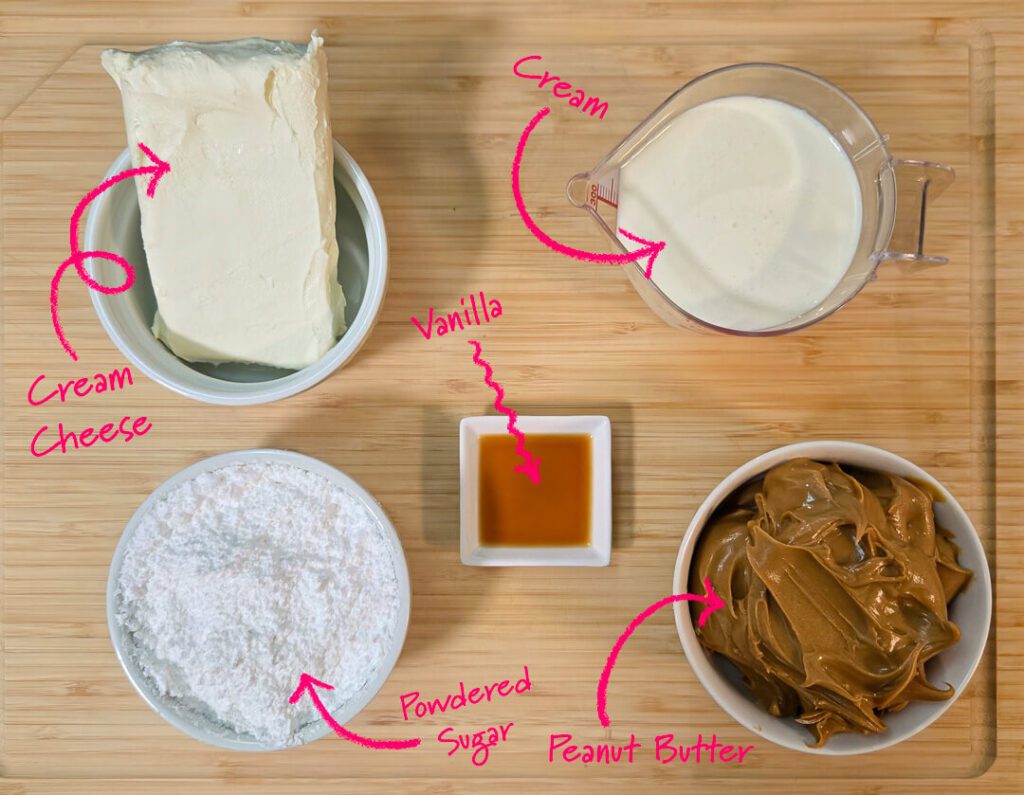 ingredients for no-bake peanut butter pie: cream cheese, powdered sugar, vanilla, cream, peanut butter