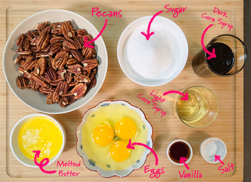 ingredients for pecan pie: pecans, sugar, dark corn syrup, light corn syrup, salt, vanilla, eggs, and melted butter