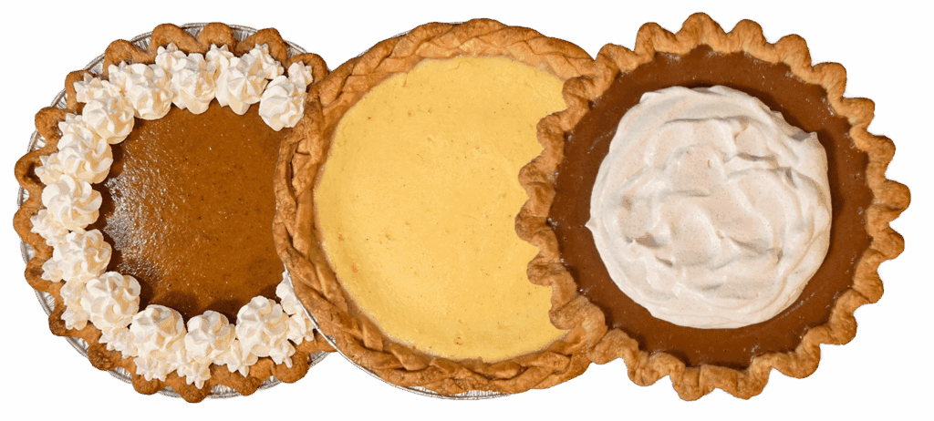 3 pies side by side with no background: pumpkin pie, marlborough pie, and apple butter pie