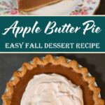 Slice of apple butter pie topped with cinnamon whipped cream on a floral plate, with the whole pie below showing its golden crust and creamy spiced filling.
