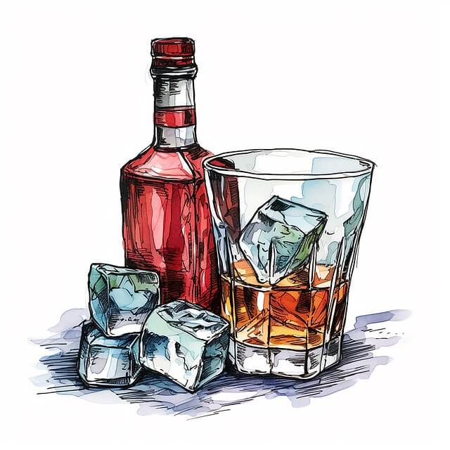 a digital drawing of a bottle of bourbon and a glass of bourbon with some ice cubes
