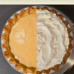 Butterscotch pie shown before and after topping, half custard and half finished pie with whipped cream.