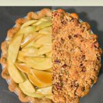 Split image showing caramel apple pie before and after baking, drizzled with salted caramel and topped with pecan crumble, fall dessert recipe.