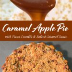 Caramel apple pie with pecan crumble topping and salted caramel drizzle on brown background, cozy fall dessert photo.