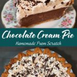 Slice of homemade chocolate cream pie on a floral plate showing creamy chocolate pudding filling and whipped cream topping.