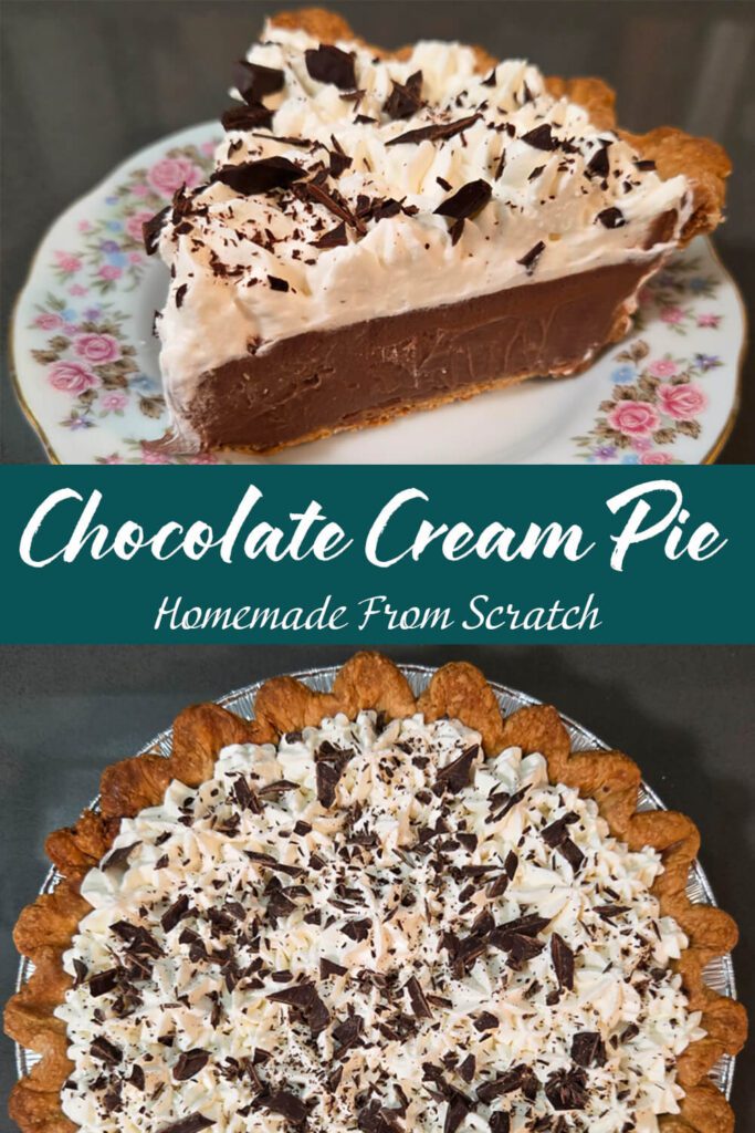 Slice of homemade chocolate cream pie on a floral plate showing creamy chocolate pudding filling and whipped cream topping.