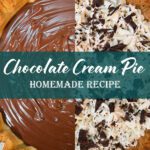 Split image of chocolate cream pie showing half with smooth chocolate pudding filling and half finished with whipped cream and chocolate shavings.