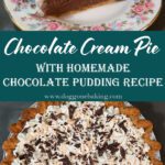 Slice of chocolate cream pie topped with whipped cream and chocolate shavings on a floral plate, with a full pie decorated with whipped cream and dark chocolate pieces.