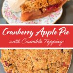Slice of cranberry apple pie with crumble topping served with a scoop of vanilla ice cream on a floral plate.