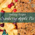 Holiday-themed image of cranberry apple pie with snowflakes and Christmas tree graphics, showing filling and crumble topping.
