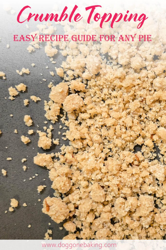 Overhead view of a homemade fruit pie with a golden crumble topping baked until crisp and buttery, sitting on a cooling rack ready to serve.