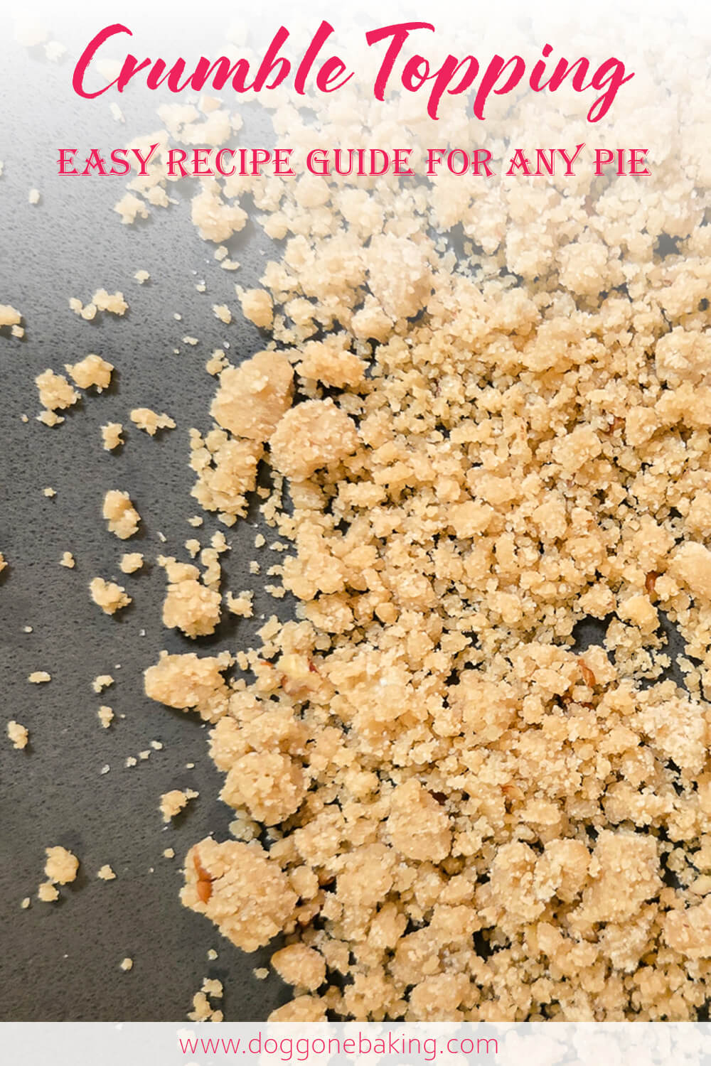 Overhead view of a homemade fruit pie with a golden crumble topping baked until crisp and buttery, sitting on a cooling rack ready to serve.