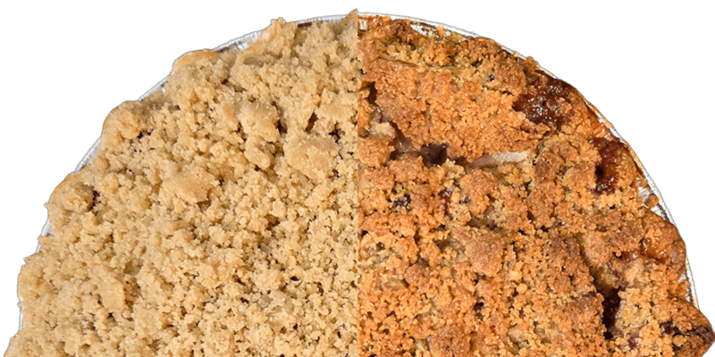 phot of half of pie with 1/4 with unbaked crumble topping and 1/4 with baked crumble topping