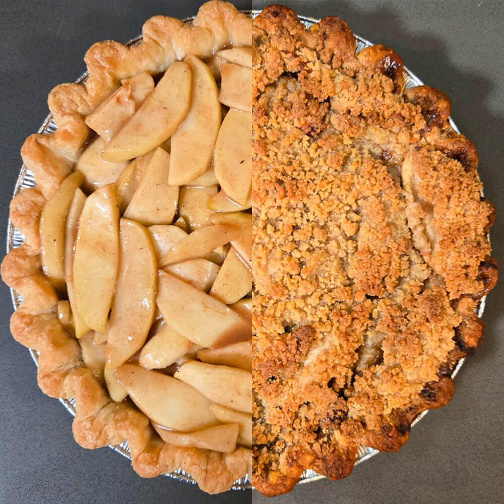 half and half phot of an unbaked Dutch apple pie with no crumble topping and a baked pie with golden crumble topping