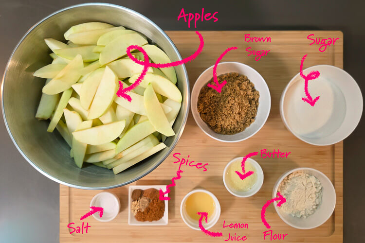 ingredients for apple pie filling laid out on a cutting board with labels: apples, brown sugar, sugar, salt, spices, lemon juice, melted butter, and flour