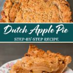 Close-up of a baked Dutch apple pie with a golden brown crumble topping and a slice showing layered spiced apple filling on a floral plate.