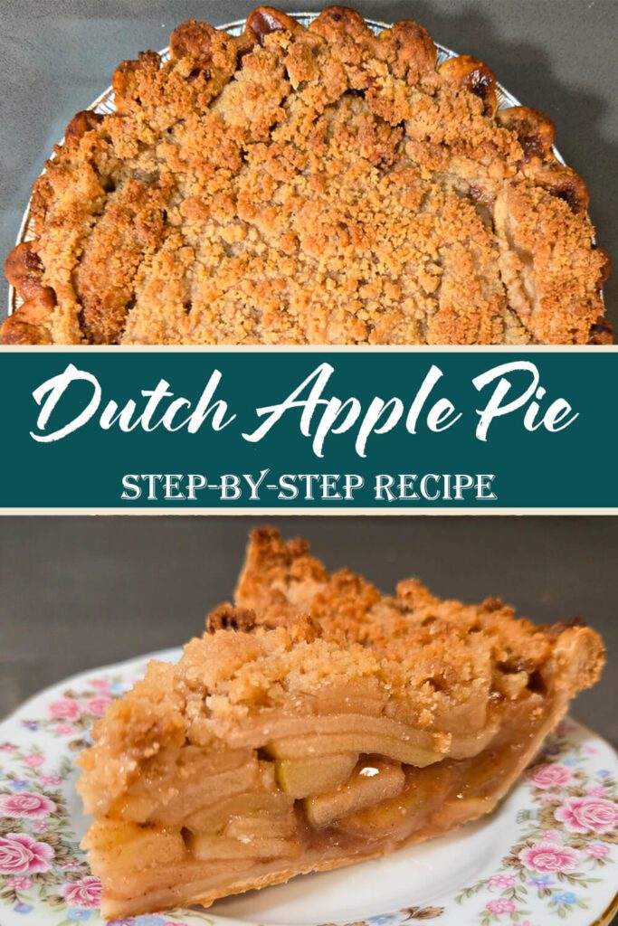 Close-up of a baked Dutch apple pie with a golden brown crumble topping and a slice showing layered spiced apple filling on a floral plate.