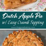 Close-up of Dutch apple pie slice showing layers of spiced apple filling and buttery crumble topping.