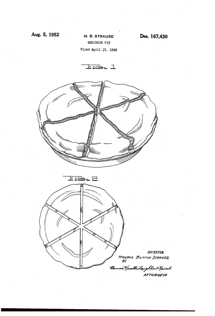 image of a patent filed by Monroe Boston Strause for Meringue Pie in 1949