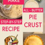 Graphic layout with mixer bowl of crumbly dough, bowls of flour and butter cubes, and a baked single pie shell, with text “How to Make All-Butter Pie Crust, Step-by-Step Recipe.”
