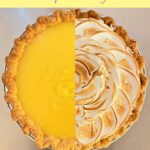 Overhead split image of a lemon meringue pie showing half bright yellow lemon curd and half toasted meringue swirls in a golden crust.