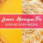 Close split view of lemon curd and toasted meringue on a baked pie with a bold red title band across the center.
