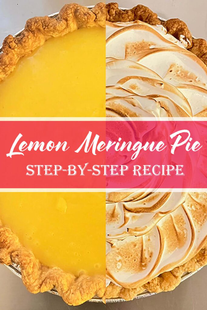 Close split view of lemon curd and toasted meringue on a baked pie with a bold red title band across the center.