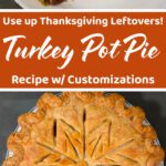 Homemade turkey pot pie with a golden, decorative crust, and a slice served on a plate showing turkey, carrots, and celery filling.