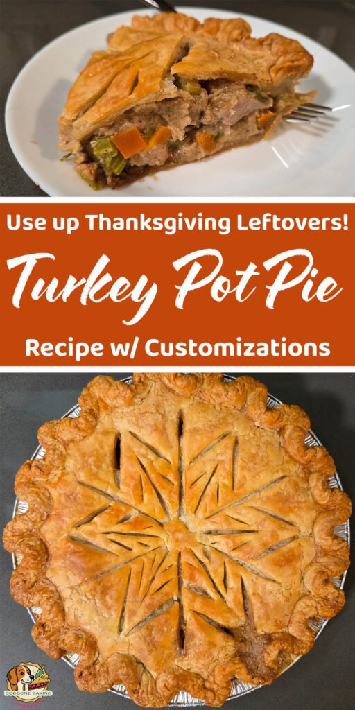 Homemade turkey pot pie with a golden, decorative crust, and a slice served on a plate showing turkey, carrots, and celery filling.