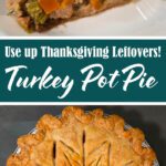 Homemade turkey pot pie with golden-brown crust and savory vegetable filling, perfect for Thanksgiving leftovers.