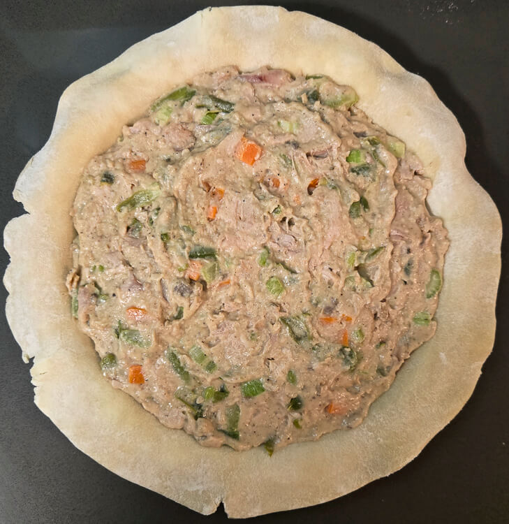 pie tin lined with a round of pie dough and filled with turkey pot pie filling
