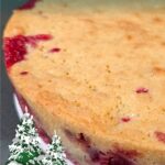 Close-up of a golden cranberry cake with red cranberry filling along the sides, text reading “Nantucket Cranberry Pie – Easy Holiday Upside-Down Cake Recipe,” with illustrated evergreen trees in the corner.